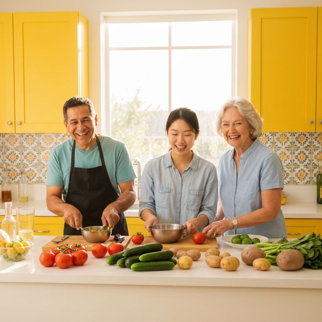 Ihmisiä valmistamassa terveellistä ruokaa